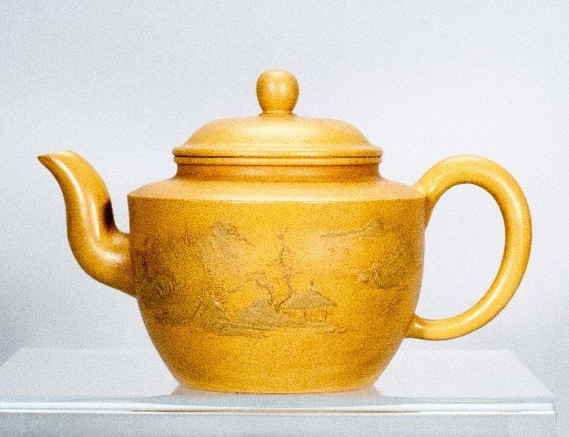 Asian Teapot with Village Scene: Asian Teapot with Village Scene Marked to bottom. 4 3/4"" H x 6 1/2"" D