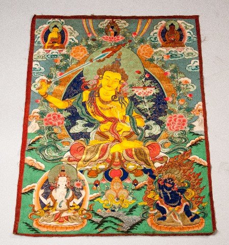 Tibetan Oil Painting on Linen of Buddhist Guardians: Tibetan Oil Painting on Linen of Buddhist Guardians Depicting 5 Buddhist figures, possibly Tibetan mountain gods from varying geographical regions. Finely painted composition with surrounding red bord