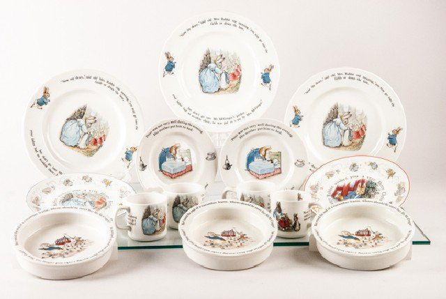 Wedgwood Peter Rabbit Dishware: Wedgwood Peter Rabbit Dishware To include (14 pieces): 3 plates, 3 cereal bowls, 2 small plates, 2 saucers, and 4 cups. 7 3/4"" diam