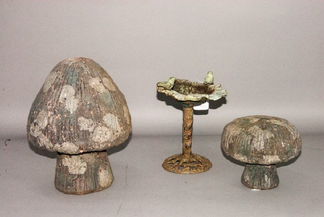 Lot of Yard Art: Lot of Yard Art To include (three pieces): two composition mushrooms and a diminutive metal birdbath. 13"" H x 8 1/4"" D