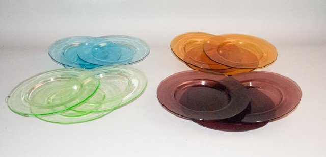 Set of Twelve (12) Blenko-Style Plates: Set of Twelve (12) Blenko-Style Plates To include three blue, three green, three amber and three purple. 8 3/4"" D