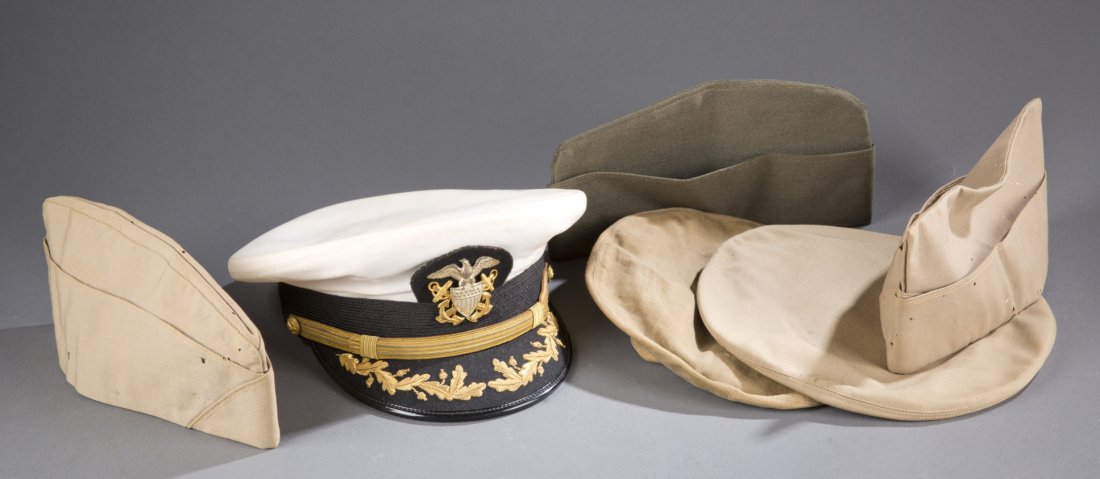 Six (6) Hats Belonging to Naval Aviator Richard B.: Six (6) Hats Belonging to Naval Aviator Richard B. Satterfield Includes: three (3) overseas hats, one (1) US Navy officer’s white-covered visor hat with insignia, two (2) tan colored visor hat cover