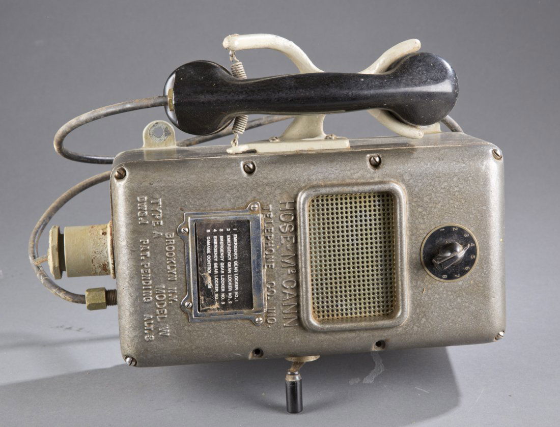 Metal Hose- McCann Ship's Telephone: Metal Hose- McCann Ship's Telephone Metal Ship's Telephone manufactured by Hose-McCann. Inscribed on face of telephone ""HOSE-McCANN TELEPHONE CO. INC. BROOKLYN, N.Y. TYPE A, MODEL W, DWG.I, PATENT PE