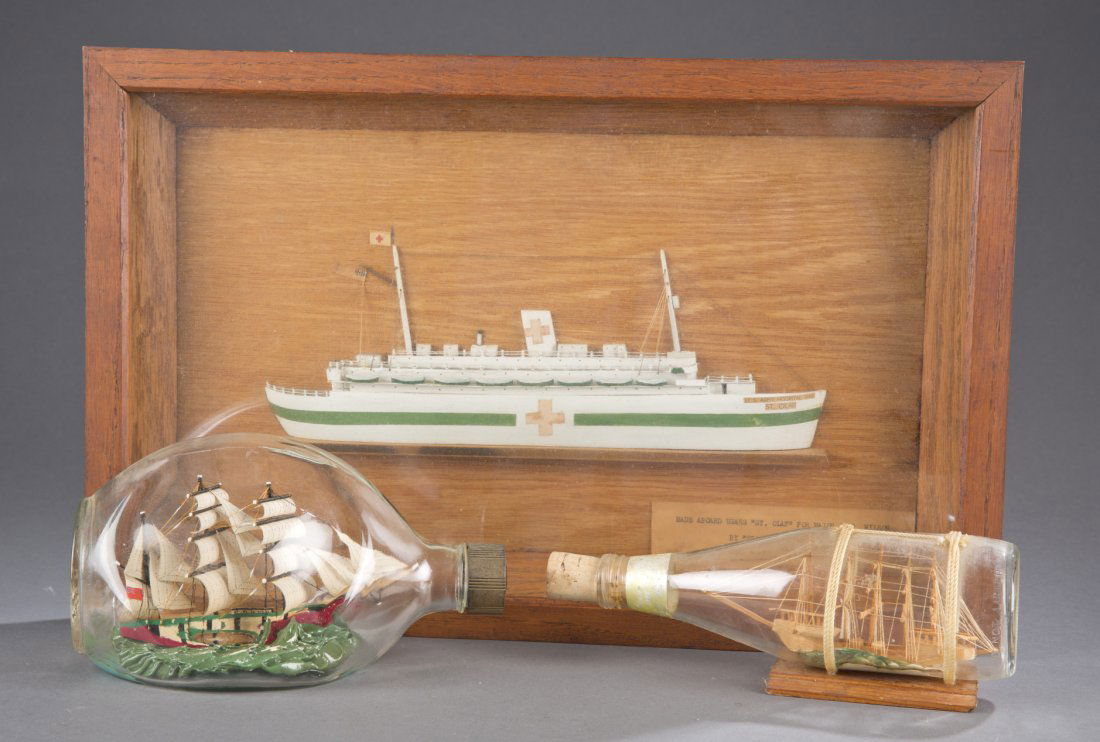 Three (3) Miniature Model Ships: Three (3) Miniature Model Ships To include: one (1) framed half hull model of the St. Olaf with inscription stating, ""Made aboard USAHS ""St. Olaf"" for major J.r. Wilson. By ""Stores"", November 194