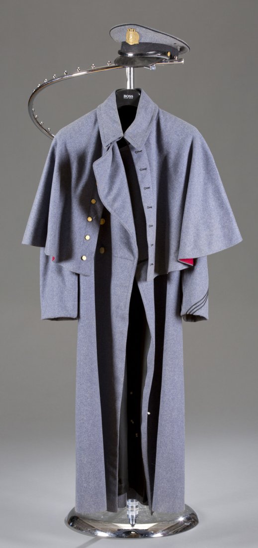 1964 VMI Gamson Cap and Overcoat: 1964 VMI Gamson Cap and Overcoat Wool VMI Gamson cap and collared, hooded overcoat with full gold VMI Cadet buttons. Wool and patent cap with brass Virginia seal, inside inscribed with, ""J.T. Provinc