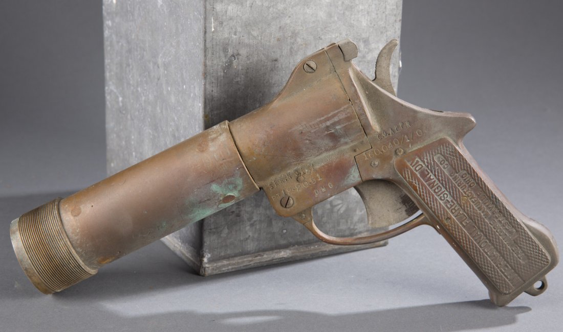 Kilgore Flare Pistol with Box: Kilgore Flare Pistol with Box WWII era all brass construction flare pistol with box for hand held rockets. Inscribed on grip, ""International Flare-Signal Div, The Kilgore Manufacturing Co. Westervill
