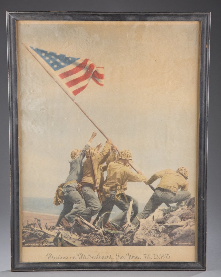 Colored Print of "Marines on Mt. Suribachi": Colored Print of ""Marines on Mt. Suribachi"" Vintage colored print of photograph by Joe Rosenthal from Associated Press, titled ""Marines on Mt. Suribachi, Iwo Jima, Feb. 23, 1945."" Frame: 22 1/2''
