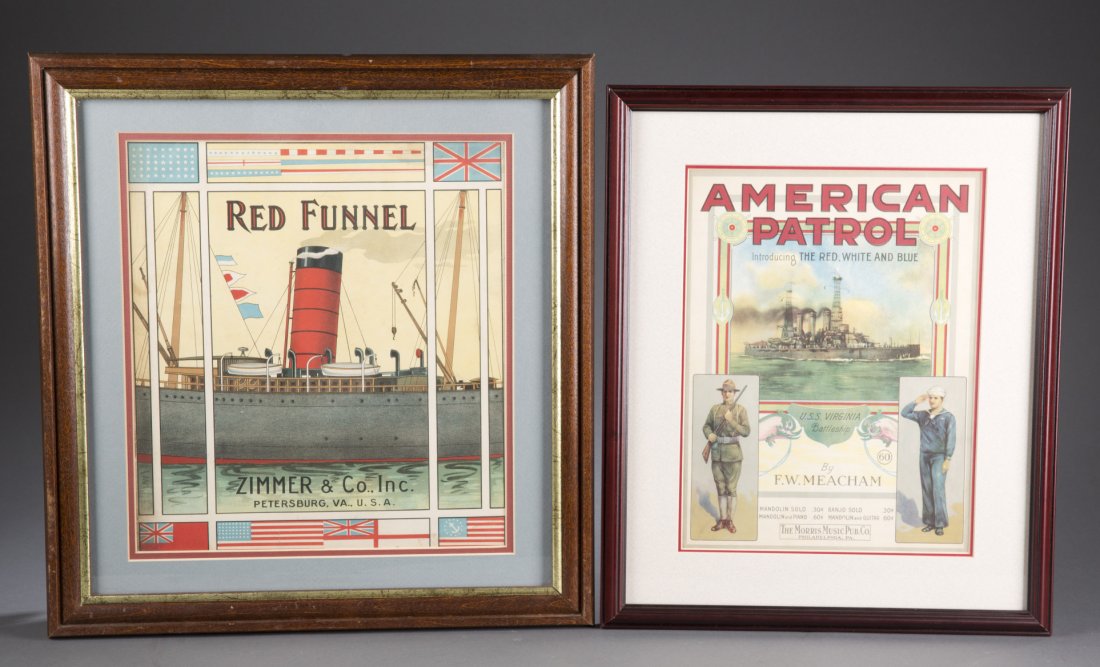 Two (2) Framed Advertisements: Two (2) Framed Advertisements Includes: one (1) framed Zimmer & Co., Inc. Petersburg, VA tobacco caddy label depicting the ""Red Funnel"", one (1) advertisement for the Morris Music Pub. Co. Philadelp