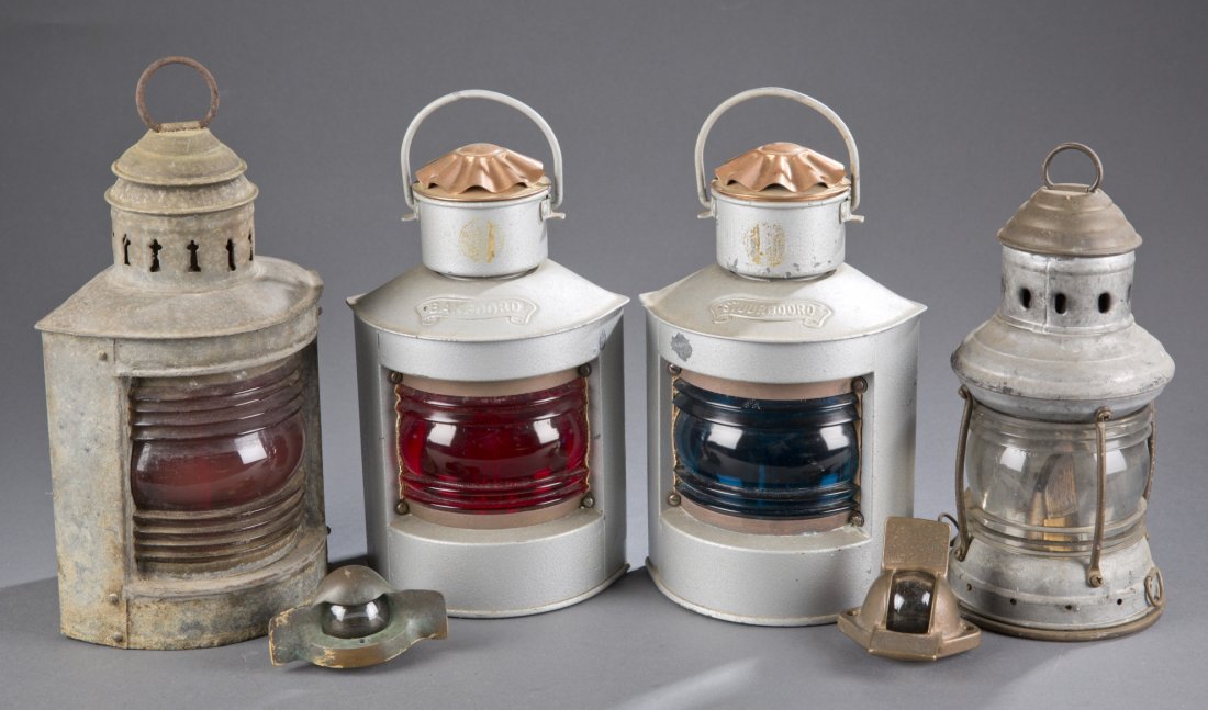 Six (6) Assorted Nautical Lighting Equipment: Six (6) Assorted Nautical Lighting Equipment To include: two (2) German tin Fresnel lens lanterns with copper tops and brass wick holders, labeled ""STUURBOORD"" and ""BAKBOORD,"" two (2) tin lanterns