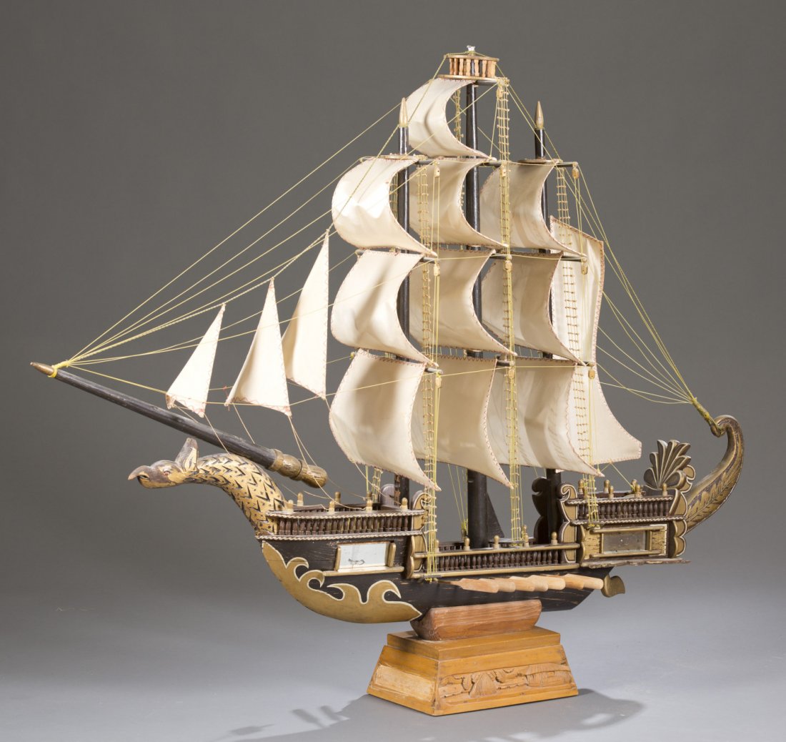 Hand Painted Model Dragon Ship: Hand Painted Model Dragon Ship Wooden hand painted model of dragon ship with movable oars and steering wheel. Mid-twentieth century. 54 1/4'' L x 48 1/2'' H