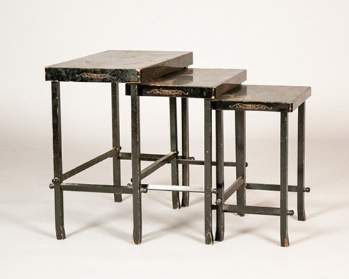 Set of Three Black Lacquer Asian Nesting Tables: Set of Three Black Lacquer Asian Nesting Tables Each with cranes and pagoda to top. 21"" H x 21 3/8"" W x 12 1/2"" D
