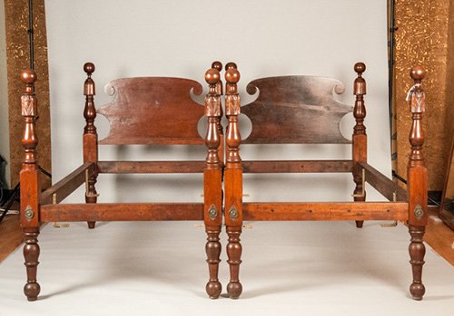 Pair of Turned and Block Twin Beds: Pair of Turned and Block Twin Beds With carved detailing. 48 1/2"" H x 39 1/2"" W