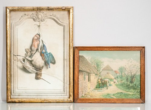 "E. Travies" Lithograph and "James Lee" Print: ""E. Travies"" Lithograph and ""James Lee"" Print To include: one (1) hand colored lithograph of hanging birds, framed, signed ""E: Travies."" (French, 1809-1868), one (1) framed print, titled ""THE F