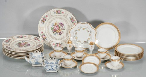Assorted Lot of Porcelain: Assorted Lot of Porcelain To include (31 pieces): WM Goerin Limoges France partial tea set with gold rimmed decoration, pair of asian style sugars, set of 7 Bavaria dinner plates. 10 3/4"" diam