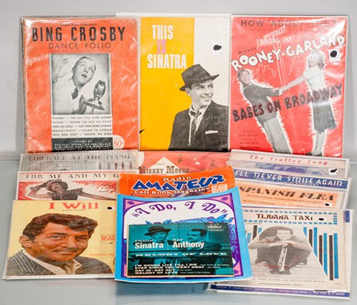 Vintage "Pop" Music Ephemera: Vintage ""Pop"" Music Ephemera 19 pieces of vintage music ephemera, including but not limited to: call books, music chord books, and playbooks from Mickey Mouse and Frank Sinatra. Largest: 13"" L x 9"