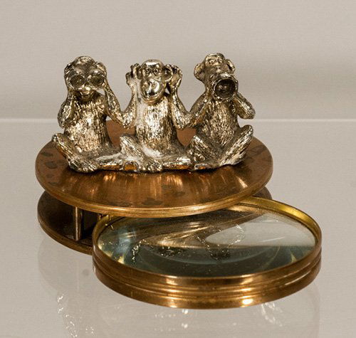 Brass Monkey Magnifying Glass: Brass Monkey Magnifying Glass Depicting ""See No, Hear No, Speak No Evil"" proverb. 2"" H x 3"" diam