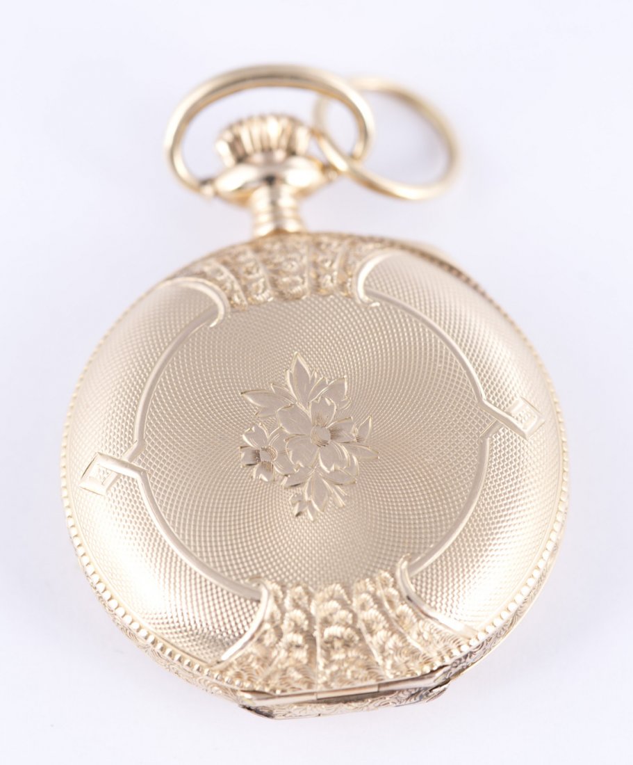 Waltham 14k Yellow Gold Ladies Pocket Watch: Waltham 14k Yellow Gold Ladies Pocket Watch Cross hatch and floral incised case. Interior of case marked ""#208258."" Black roman numerals on white dial, hour, minute hands, 60 second sweep hand, rose