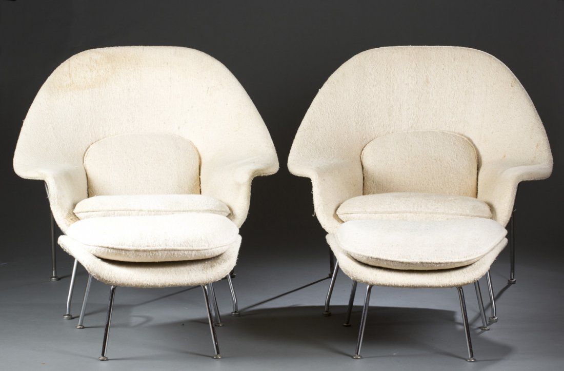 Two (2) Matching Eero Saarinen Womb Chairs and Ottomans: Two (2) Matching Eero Saarinen Womb Chairs and Ottomans Manufactured by Knoll International. Original manufacturing label still present underneath cushions. Original upholstery and chromed metal bases