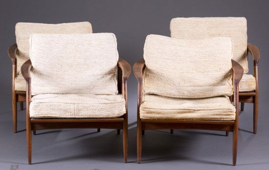 Four Milo Baughman Low-Rise Lounge Chairs: Four Milo Baughman Low-Rise Lounge Chairs Four sculpted walnut low-rise lounge chairs designed by Milo Baughman for Thayer Coggin. Original manufacturing sticker still attached: ""DESIGNS by MILO BAUG