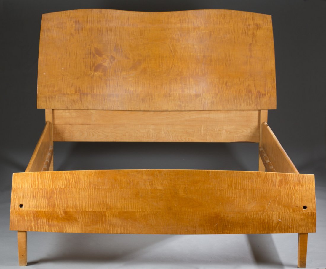 1973 Curly Maple Jere Osgood Queen Sized Bed: 1973 Curly Maple Jere Osgood Queen Sized Bed Signed ""Jere Osgood 1973."" Jere Osgood (American, b. 1936) is a leading studio furniture maker and noted teacher of furniture and woodworking. 50"" H x 8