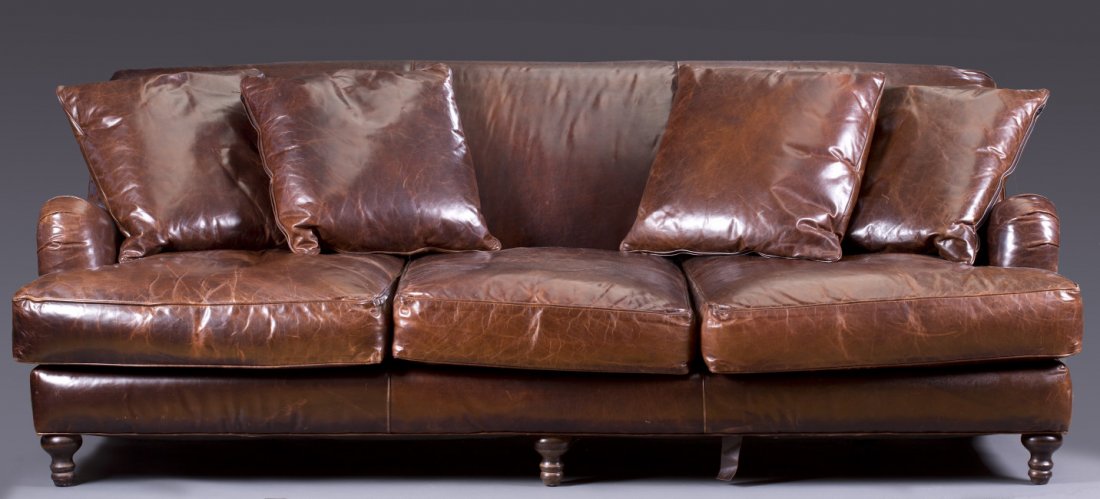 Restoration Hardware Leather Sofa: Restoration Hardware Leather Sofa Distressed brown leather. Includes four pillows. Minor scratches. 33"" H x 88"" L x 40"" D.