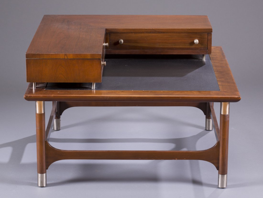 Weiman Corner Coffee/ Side Table: Weiman Corner Coffee/ Side Table Leather inset and 2 drawers. 22"" H x 34"" Square