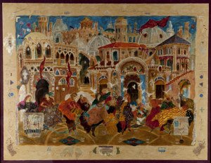 Unknown Artist, Middle Eastern Street Scene, Mixed: Unknown Artist Middle Eastern Street Scene Mixed Medium on Paper Illegible signature on bottom right corner. Losses to frame. 39 1/2"" H x 51 1/2"" W, frame 47 1/2"" H x 51 1/4"" W