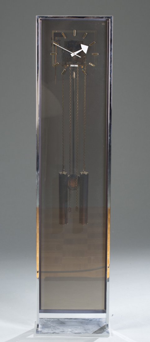 George Nelson for Howard Miller Lucite and Chrome Floor: George Nelson for Howard Miller Lucite and Chrome Floor Clock Marked to back Howard Miller Clock Co. Zeeland, Mich. Circa 1970's. Made in Germany. 56"" H x 13 1/8 56"" H x 13 1/8"" W x 9"" D