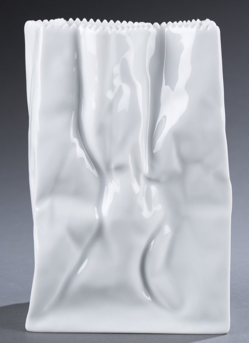 Tapio Wirkkala Paper Bag Vase: Tapio Wirkkala Paper Bag Vase Bottom marked, ""Rosenthal Germany"" with signature. 7 1/2"" H x 5"" W x 3"" D