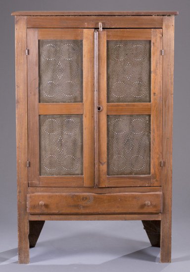 Pine Pie Safe: Pine Pie Safe Four panel circle, diamond and stars punched tin, solid sides, lower drawer, replaced hinges. 55"" H x 35"" L x 14 1/2"" D.