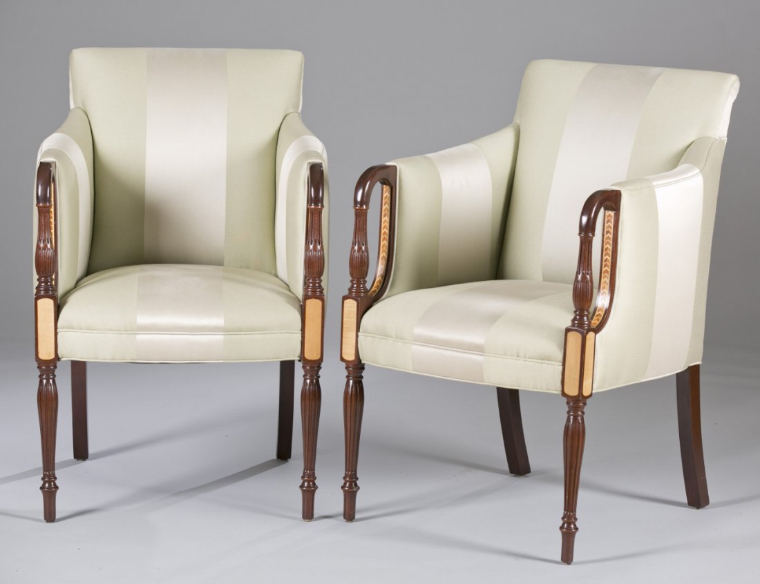 Pair of Hancock & Moore Federal-Style Arm Chairs,: Pair of Hancock & Moore Federal-Style Arm Chairs, Tone on tone pale green stripe upholstery, curved, fluted and stop fluted arm supports with herringbone inlays, inlaid block and fluted legs. 26 1/2""