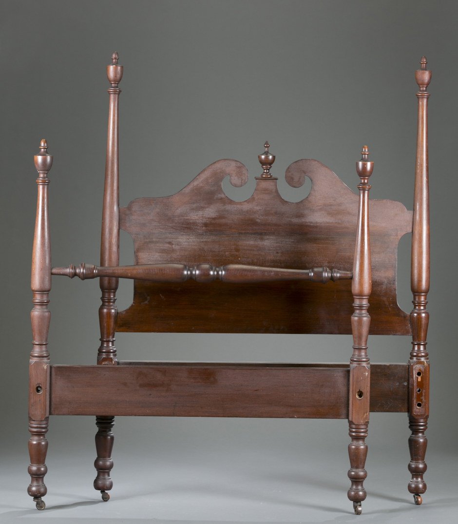 Pair of Potthast Mahogany Pencil Post Twin Beds: Pair of Potthast Mahogany Pencil Post Twin Beds From the Baltimore, MD region. Urn form finials on headboard crest and posts. Rails included. 63 1/2"" x 45 1/2""