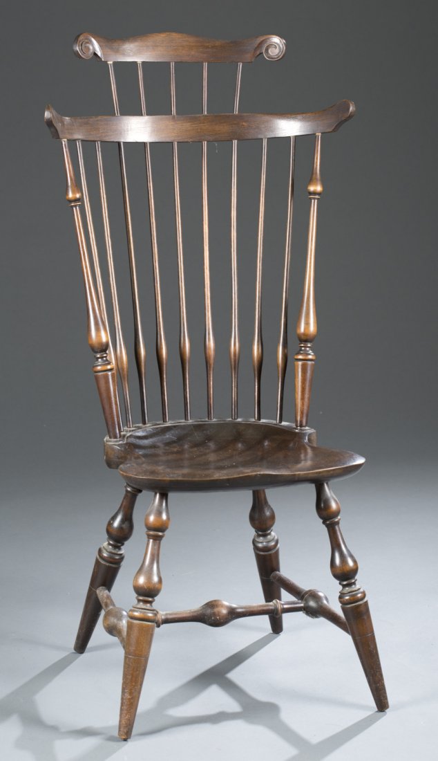 Comb Back Windsor Style Chair: Comb Back Windsor Style Chair Scroll edged comb with five spindles. Seven spindle back, saddle seat, baluster and turned legs with ""H"" stretcher. 45 1/"" H x 17 1/2"" W x 17 1/2"" D