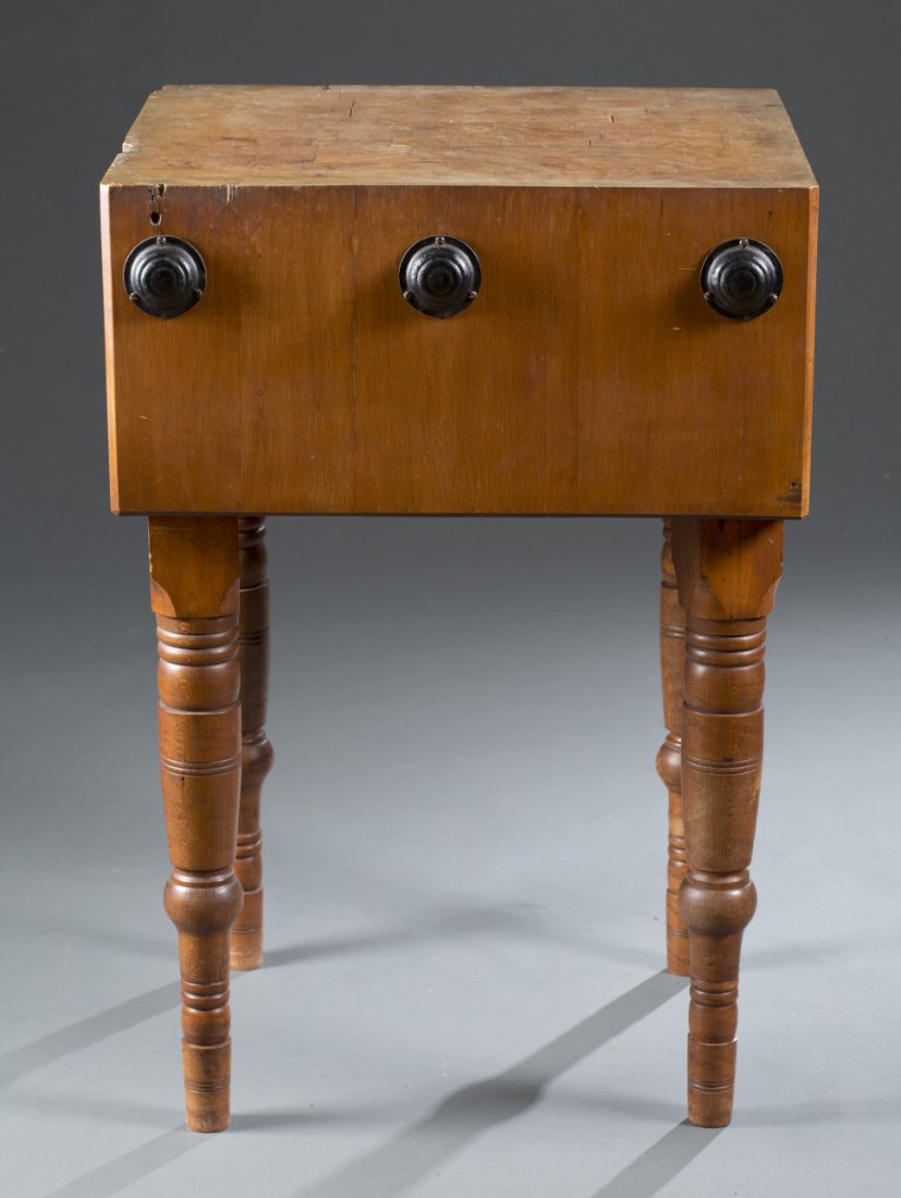 Ca. 1900 Butcher's Block: Ca. 1900 Butcher's Block Block and turned legs. 34 1/2"" H x 24"" L x 21 1/2"" D.