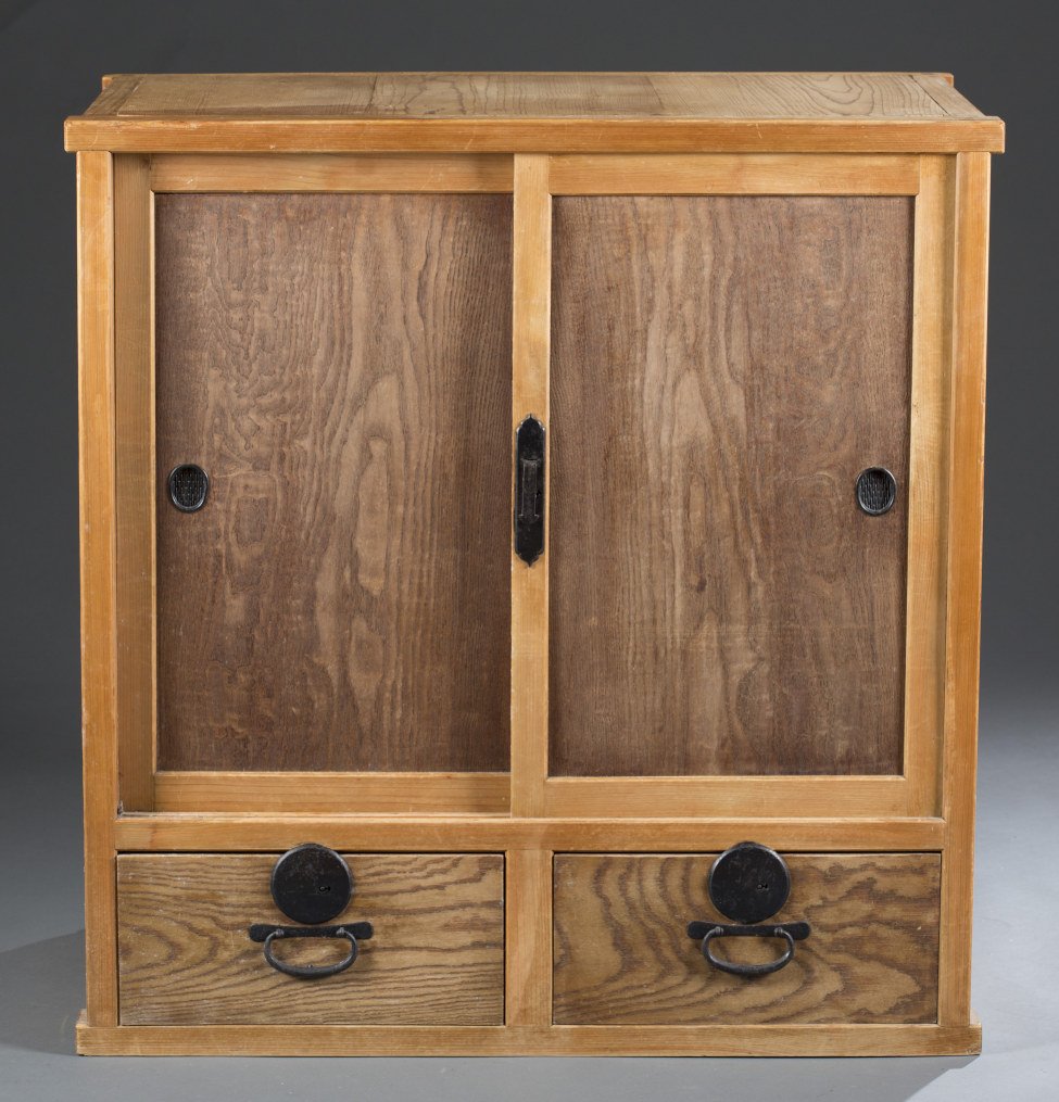 Asian Cupboard, 20th Century or Earlier: Asian Cupboard, 20th Century or Earlier Sliding cabinet revealing interior shelves above three lower drawers. Iron escutcheons and pulls. 34 1/2"" H x 33 1/2"" W x 18 3/4"" D