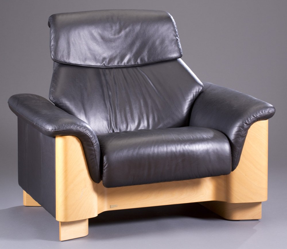 Ekornes Black Leather and Birch Arm Chair: Ekornes Black Leather and Birch Arm Chair 39"H x 45" W x 32 1/2" D