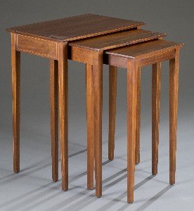 Biggs Federal Style Mahogany Nesting Tables: Biggs Federal Style Mahogany Nesting Tables Three graduated tables with string inlay over square tapered legs. 28"" H x 15"" L x 22"" D