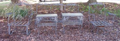 Iron Outdoor Furniture, Five (5) Pieces of Rose Pattern: Iron Outdoor Furniture, Five (5) Pieces of Rose Pattern Includes loveseat, two (2) chairs, and two (2) glass top tables 36 1/2"" H x 29"" W, 23 1/4"" H x 16 1/2"" W x 24 1/2"" D
