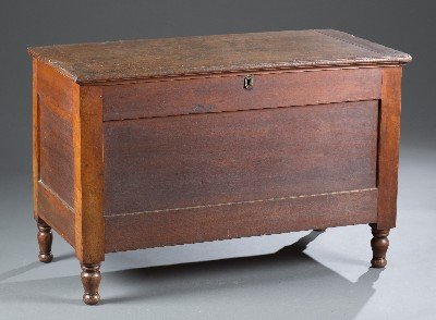 Country Sheraton Mixed Wood Blanket Chest: Country Sheraton Mixed Wood Blanket Chest Traces of original red paint. 25"" H x 38"" W x 18' D