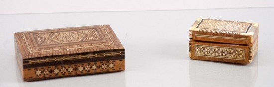 Two (2) Mother of Pearl Jewelry/Dressing Boxes: Two (2) Mother of Pearl Jewelry/Dressing Boxes One marked to bottom YH Made in Egypt Hand Made, Boxes are made from mahogany with mother of pearl, camel bone, and buffalo horn. 1 1/4"" H x 5 3/8"" W x