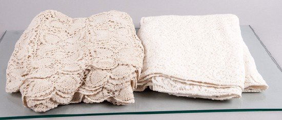 Two (2) Tablecloths: Two (2) Tablecloths To include (two pieces): Lace Tablecloth, Crocheted Tablecloth 82"" L x 52"" W, 52"" W x 72"" L
