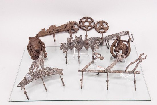 Eight (8) Figural Hangers/Door Knocks: Eight (8) Figural Hangers/Door Knocks To include (eight pieces): Three (3) Wolf Hangers, Two (2) Horse Knockers and Three (3) Cast Iron Door Hangers - Tool Designs. Minchella Collection. 13 1/2"" H x 