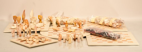 Box Lot of Five (5) African Kisii Stone Chess Sets with: Box Lot of Five (5) African Kisii Stone Chess Sets with Hand Carved Pieces Largest 12"" Diameter