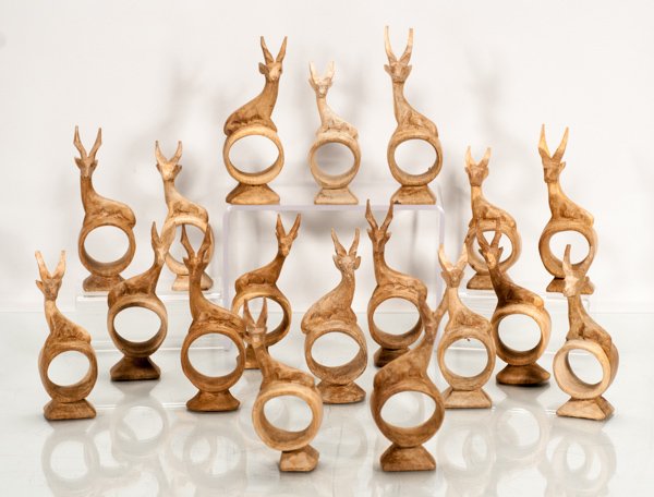 18 Hand Carved Wood Napkin Rings with Antelope on Top: 18 Hand Carved Wood Napkin Rings with Antelope on Top 5 1/4"" H x 2"" W