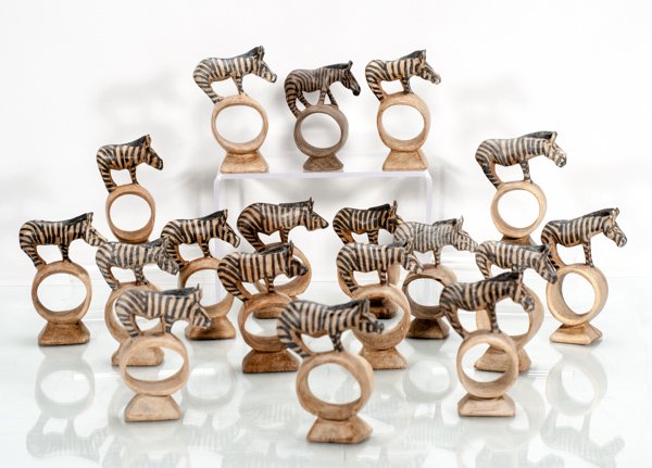 18 Hand Carved Wood Napkin Rings with a Zebra on Top: 18 Hand Carved Wood Napkin Rings with a Zebra on Top 4"" H x 3"" W