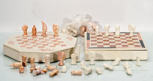 Two (2) Carved Kisii Chess Sets: Two (2) Carved Kisii Chess Sets 11 1/2"" x 11 1/2""