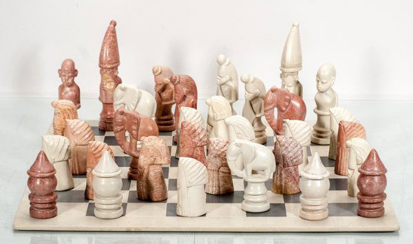 One Large Carved Kisii Chess Set: One Large Carved Kisii Chess Set 16 1/4"" x 16 1/4""