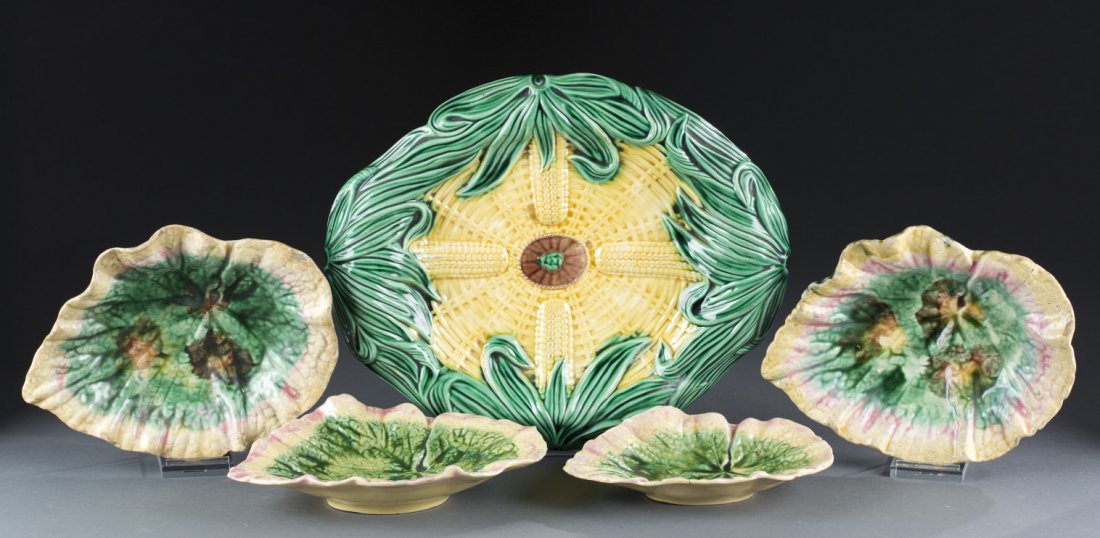 Assortment of Five Pieces of Majolica: Assortment of Five Pieces of Majolica Including four Etruscan leaf plates and one corn and wicker bread tray. leaf: in varying sizes, corn: 13"