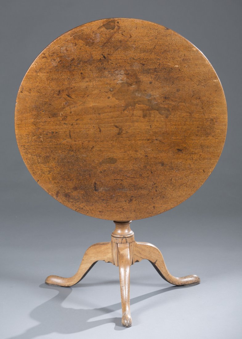 18th Century Walnut Queen Anne Tea Table: 18th Century Walnut Queen Anne Tea Table Probably English. Replaced tilt block, dry waxed finish with fading. 27" H x 32" Diameter