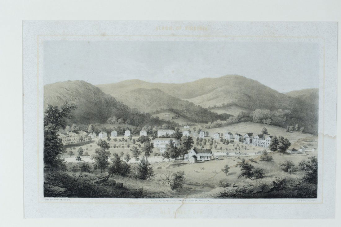 Old Sweet Spring's: "Old Sweet Spring's" Artist: Edward Beyer Medium: Three-color stone lithograph, hand colored Date: 1857. Archival hinged mounting on board with mat, frame available Fading and foxing, water stain lowe